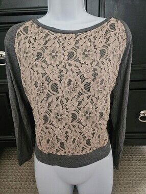 Floral Lace Overlay Raglan Sweatshirt Charcoal Gray Pullover Top L